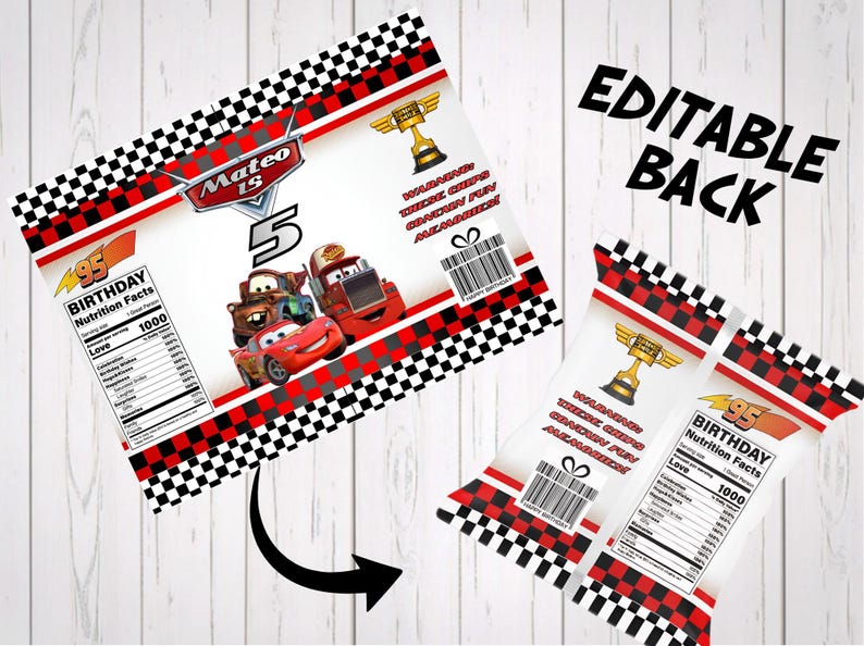 Editable template showing the back design of a race car birthday chip bag custom favor. Displays a mock birthday nutrition facts panel and a custom barcode with red, white, and black racing checkered patterns. Perfect personalized printable party decor for a boy's birthday.