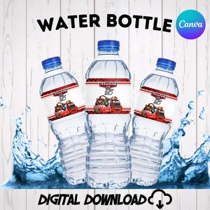Three clear plastic water bottles with custom red and white racing car theme labels on a light wood background. Text reads "WATER BOTTLE" and "DIGITAL DOWNLOAD" with a Canva logo. Perfect editable template for a boy's 5th birthday party, featuring popular cartoon race cars and checkered flags. Ideal printable party decor for a fast-one or race track themed celebration.