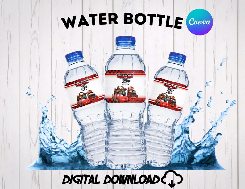 Three clear plastic water bottles with custom red and white racing car theme labels on a light wood background. Text reads "WATER BOTTLE" and "DIGITAL DOWNLOAD" with a Canva logo. Perfect editable template for a boy's 5th birthday party, featuring popular cartoon race cars and checkered flags. Ideal printable party decor for a fast-one or race track themed celebration.
