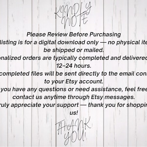 Customer notice and shop info image for a personalized digital download. The text on a light wood background explains that no physical item will be shipped, personalized orders are delivered via email within 12 to 24 hours, and provides support instructions. Helpful information for buyers purchasing custom Lilo and Stitch printable party decor templates.