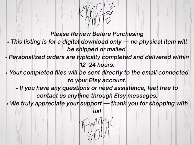 Customer notice and shop info image for a personalized digital download. The text on a light wood background explains that no physical item will be shipped, personalized orders are delivered via email within 12 to 24 hours, and provides support instructions. Helpful information for buyers purchasing custom Lilo and Stitch printable party decor templates.