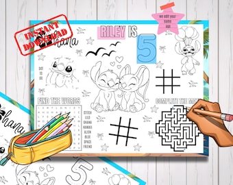 Stitch Birthday Coloring Placemat Afdrukbaar activiteitenblad kinderfeestje