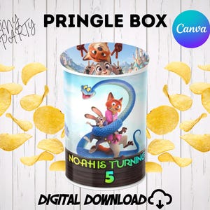 Custom Zootopia Pringles can wrapper printable Canva template for a 5th birthday party favor. Features Nick Wilde, Judy Hopps, and a blue snake with a wood-texture banner reading Noah is turning 5. Digital download template for DIY chips can label on a white wood background surrounded by scattered potato chips.