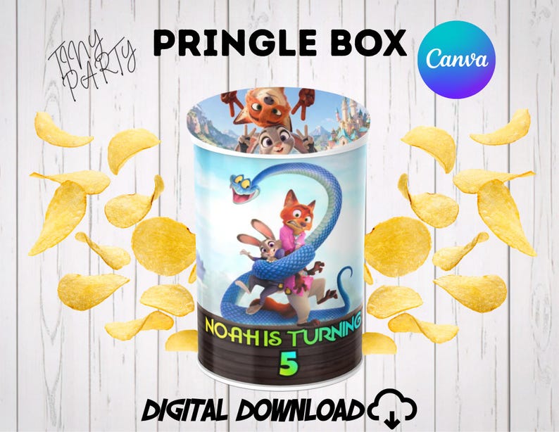 Custom Zootopia Pringles can wrapper printable Canva template for a 5th birthday party favor. Features Nick Wilde, Judy Hopps, and a blue snake with a wood-texture banner reading Noah is turning 5. Digital download template for DIY chips can label on a white wood background surrounded by scattered potato chips.
