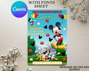 Digitale verjaardagsuitnodiging Mickey Mouse en vrienden (5 x 7) - canvassjabloon Mickey Mouse/Mickey's Clubhouse