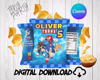 Envoltorio para bolsa de patatas fritas Sonic, plantilla editable de Canva, recuerdos para fiestas de cumpleaños, decoración para fiestas de videojuegos s01