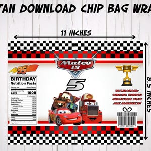 Flat-lay layout showing the dimensions of the printable race car chip bag wrapper template, measuring 11 inches by 8.5 inches. Features Lightning McQueen, a trophy, and a birthday nutrition facts panel, designed as an instant download Canva template for custom birthday favors.