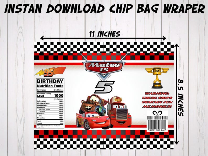 Flat-lay layout showing the dimensions of the printable race car chip bag wrapper template, measuring 11 inches by 8.5 inches. Features Lightning McQueen, a trophy, and a birthday nutrition facts panel, designed as an instant download Canva template for custom birthday favors.