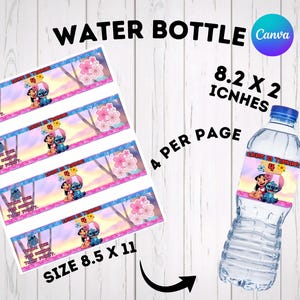 Print size guide for an editable Lilo and Stitch water bottle label Canva template. The graphic shows an 8.5x11 inch page layout containing 4 labels per sheet, with an arrow pointing to a mockup bottle displaying the label dimensions of 8.2x2 inches. Ideal for DIY printable party decor and tropical Hawaiian cartoon character themed children's birthday celebrations.