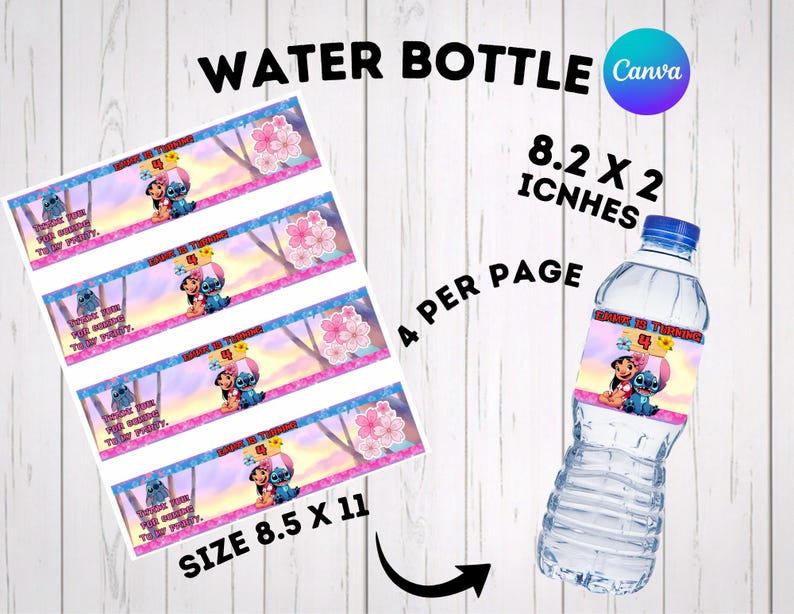 Print size guide for an editable Lilo and Stitch water bottle label Canva template. The graphic shows an 8.5x11 inch page layout containing 4 labels per sheet, with an arrow pointing to a mockup bottle displaying the label dimensions of 8.2x2 inches. Ideal for DIY printable party decor and tropical Hawaiian cartoon character themed children's birthday celebrations.