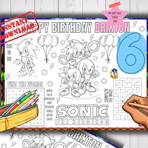 Sonic Birthday Party Activity Placemat Printable Kids Coloring Game Sheet sc1