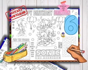 Sonic verjaardagsfeestje activiteit placemat afdrukbare kleurplaat voor kinderen sc1