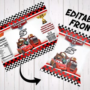 Printable party decor template highlighting the customizable front design of a race car chip bag wrapper. Features editable text for name and age, a red and black checkered pattern, and Lightning McQueen graphics. Shown as a mock-up of a filled custom party favor bag.