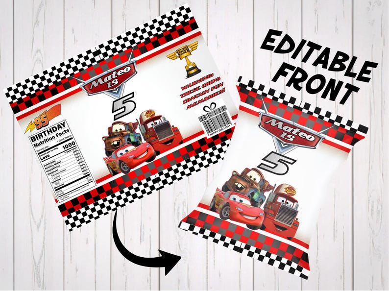 Printable party decor template highlighting the customizable front design of a race car chip bag wrapper. Features editable text for name and age, a red and black checkered pattern, and Lightning McQueen graphics. Shown as a mock-up of a filled custom party favor bag.