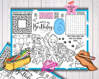 Gepersonaliseerde Paw Patrol-verjaardag-activiteitenblad, afdrukbare Paw Patrol-kleurplaatplacemat, aangepaste kinderfeestspellen
