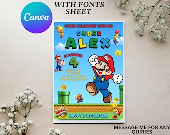 Super Mario-verjaardagsuitnodiging | Bewerkbare canvassjabloon | Afdrukbare digitale download
