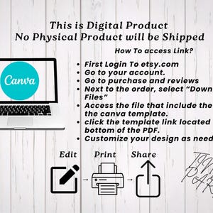 A digital product instruction infographic explaining how to access and edit the custom party favor design. Features a laptop mockup with a Canva logo on a white wood background. Step-by-step text guides the buyer on how to download, edit, print, and share the printable party decor instant download file.