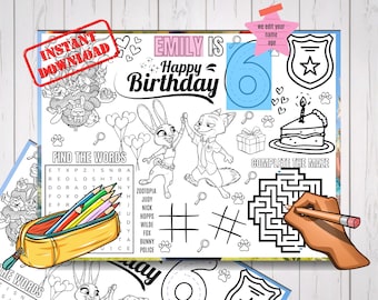 Zootopia bewerkbare activiteitenplacemat, kinderverjaardagsactiviteit, feestbedankje, gepersonaliseerde kleurplaat
