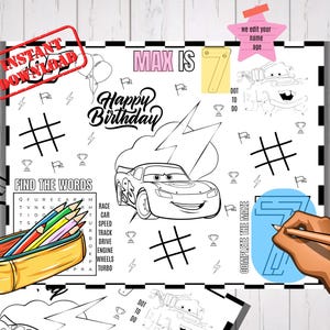 Cars Lightning Mcqueen Birthday Placemat Kids Activity Coloring Sheet ...