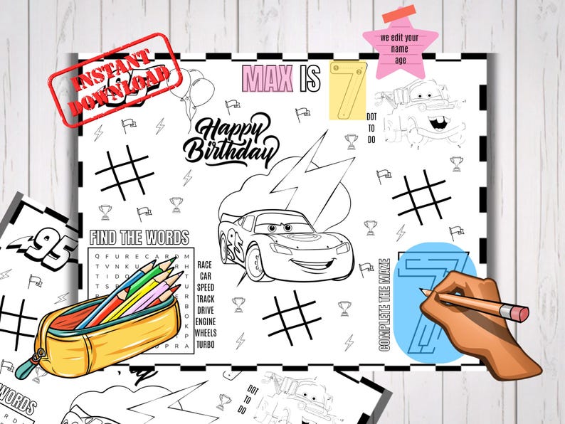 Cars Lightning Mcqueen Birthday Placemat Kids Activity Coloring Sheet ...