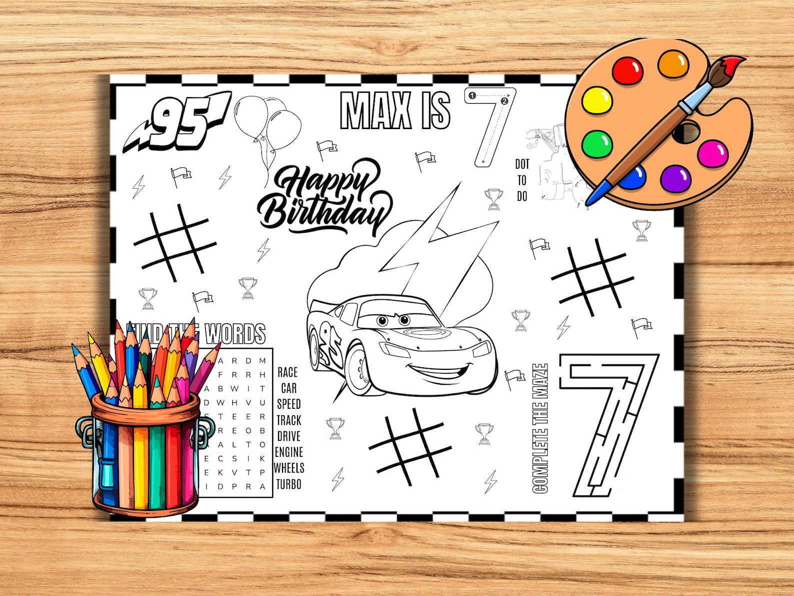 Cars Lightning Mcqueen Birthday Placemat Kids Activity Coloring Sheet ...