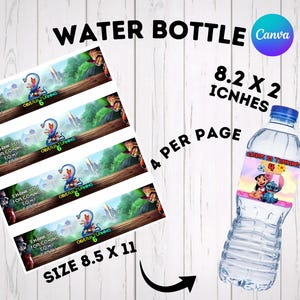 Custom birthday water bottle labels showing two theme options. Left features Zootopia 2 characters Judy, Nick, and Gary for Caleb's birthday. Right features a tropical Lilo and Stitch theme with the text Emma is turning 4. Personalized editable digital download party supplies.