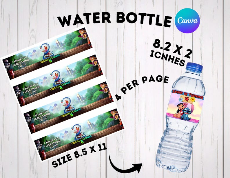 Custom birthday water bottle labels showing two theme options. Left features Zootopia 2 characters Judy, Nick, and Gary for Caleb's birthday. Right features a tropical Lilo and Stitch theme with the text Emma is turning 4. Personalized editable digital download party supplies.