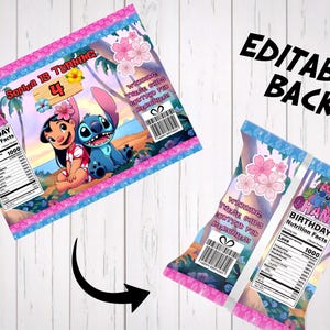 Instant download Canva template showing the back design of a tropical custom chip bag party favor. Includes a cute Stitch graphic with a fun birthday nutrition facts chart, barcode, and pink floral details. Text reads "Editable Back," illustrating how to personalize the complete wrapper for Hawaiian theme kids party favors.
