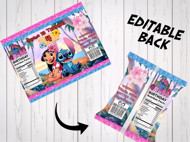 Instant download Canva template showing the back design of a tropical custom chip bag party favor. Includes a cute Stitch graphic with a fun birthday nutrition facts chart, barcode, and pink floral details. Text reads "Editable Back," illustrating how to personalize the complete wrapper for Hawaiian theme kids party favors.