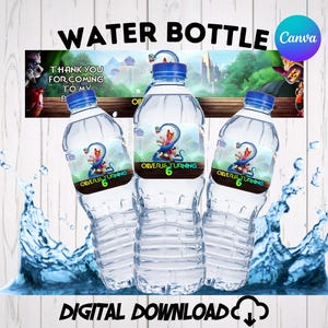 Zootopia 2 water bottle labels personalized for a kids birthday party. Features custom text Happy Birthday Caleb alongside Disney characters Judy Hopps, Nick Wilde, and Gary De'Snake the blue pit viper on a bright green jungle background. Perfect printable party favors and decorations.