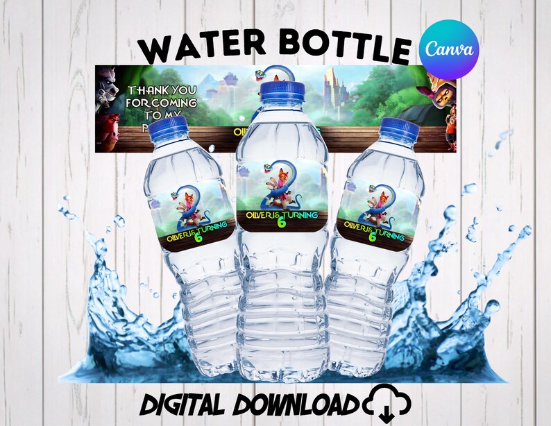 Zootopia 2 water bottle labels personalized for a kids birthday party. Features custom text Happy Birthday Caleb alongside Disney characters Judy Hopps, Nick Wilde, and Gary De'Snake the blue pit viper on a bright green jungle background. Perfect printable party favors and decorations.
