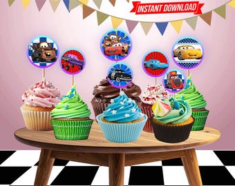 Cars cupcake toppers 2,5 inch ronde verjaardagsfeestje afdrukbare racewagen cirkel sticker verlichting Mc Queen Mater decoratie