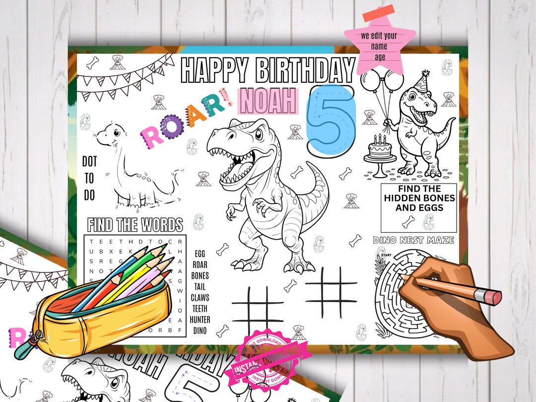 Dinosaur Birthday Activity Placemat Kids Coloring Sheet, Maze, Word ...
