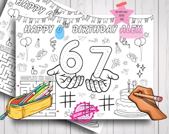 Six Seven Birthday Coloring Placemat Gepersonaliseerd 67 Meme Activiteitenblad kinderfeestje, thema 67