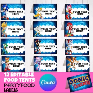 May include: Twelve rectangular food tent labels featuring various Sonic the Hedgehog characters against a blue energy background. Each label includes a white cloud-shaped area with the text YOUR TEXT HERE. The design includes Sonic, Tails, Amy, Knuckles, Shadow, and other characters.