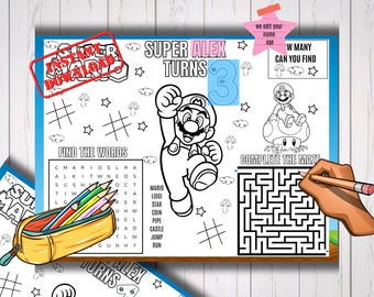 Super Mario Verjaardag Placemat Kinderfeestje Activiteit Kleurplaat mr1