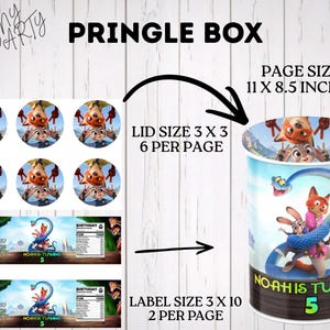 Printable party decor sizing guide for custom snack labels. Includes 6 circular lid stickers measuring 3x3 inches and 2 rectangular can wrapper labels measuring 3x10 inches arranged on an 11x8.5 inch page. Showcases the editable Zootopia birthday theme design with a fake nutritional facts chart.