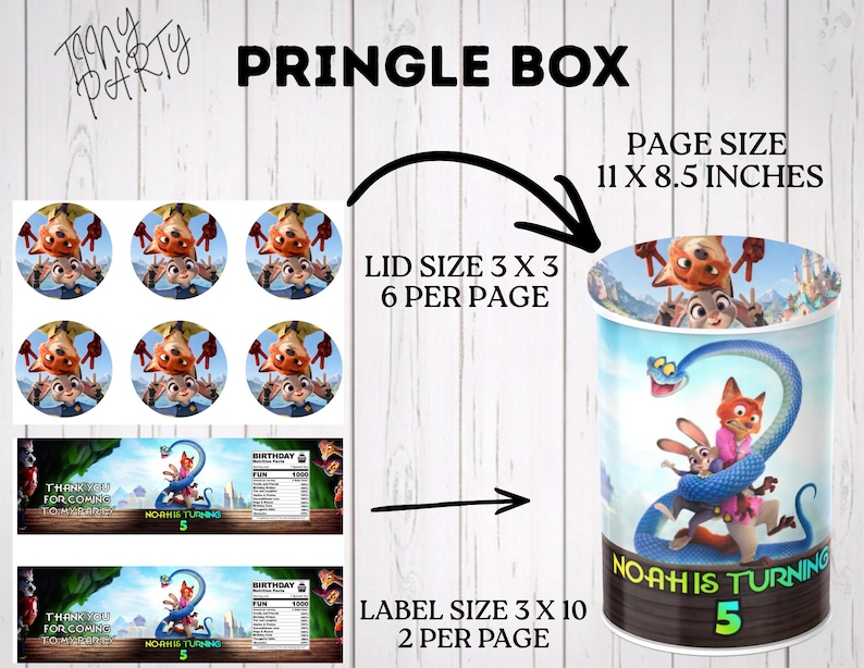 Printable party decor sizing guide for custom snack labels. Includes 6 circular lid stickers measuring 3x3 inches and 2 rectangular can wrapper labels measuring 3x10 inches arranged on an 11x8.5 inch page. Showcases the editable Zootopia birthday theme design with a fake nutritional facts chart.