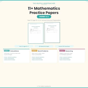 May include: A digital download titled "11+ Mathematics Practice Papers" for Year 6 students. The image features two practice papers, with sections on calculations, word problems, and reasoning. Includes exam-standard questions and clear working space.
