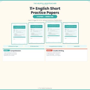 May include: A digital educational resource titled "11+ English Short Practice Papers" with four papers. The image features four practice papers, each with a teal border, and details about comprehension and creative writing sections.