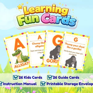 May include: Educational "Learning Fun Cards" featuring colorful illustrations of an alligator and a gorilla. The cards display the letters "A" and "G" with corresponding actions. Includes 26 kids cards, 26 guide cards, an instruction manual, and a storage envelope.