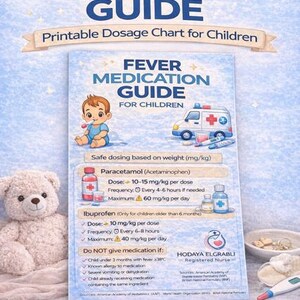 May include: A printable fever medication guide for children, featuring a cartoon illustration of a child and an ambulance. The guide provides safe dosing information for paracetamol and ibuprofen, with dosage instructions and warnings.