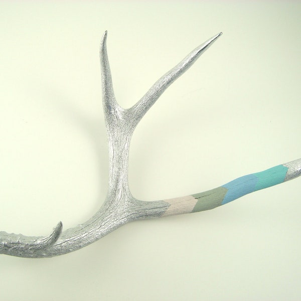 Deer Antler Painted Art Sculpture - Silver, Aqua, Light Blue, Khaki, Beige