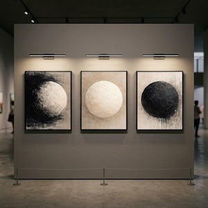 May include: Three framed abstract paintings with a circular design in black and white tones. The artwork is displayed in a gallery setting, illuminated by overhead track lighting. The paintings are mounted on a gray wall.