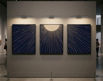 Tríptico de rayos de sol azul marino y dorado, juego de 3 piezas de arte mural estilo art déco