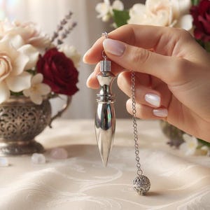 May include: A silver-toned metal pendulum with a smooth, pointed, teardrop-shaped weight suspended from a delicate chain. The chain features a small, intricate, spherical metal bead at the end, providing a balanced and polished appearance.