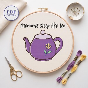 Retro Teapot Cross Stitch Pattern, Vintage Kitchen Embroidery Chart, Floral Tea Pot Decor, Instant Download