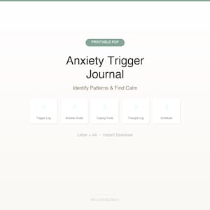 Pode incluir: Um diário em PDF imprimível intitulado "Anxiety Trigger Journal" com o slogan "Identify Patterns & Find Calm". Inclui seções para Registro de Gatilhos, Escala de Ansiedade, Ferramentas de Enfrentamento, Registro de Pensamentos e Gratidão. Disponível nos tamanhos Carta e A4.