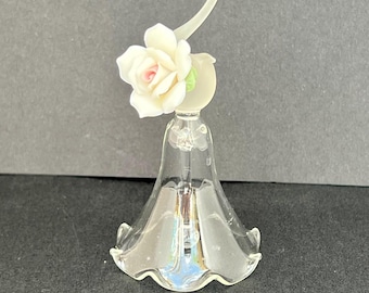Vintage glazen stolp porselein roze roos handvat handgeblazen decoratieve bel 4"