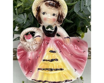 Vintage Relpo Girl Planter Japan Keramische Dame Hoofdvaas MCM Roze Mand